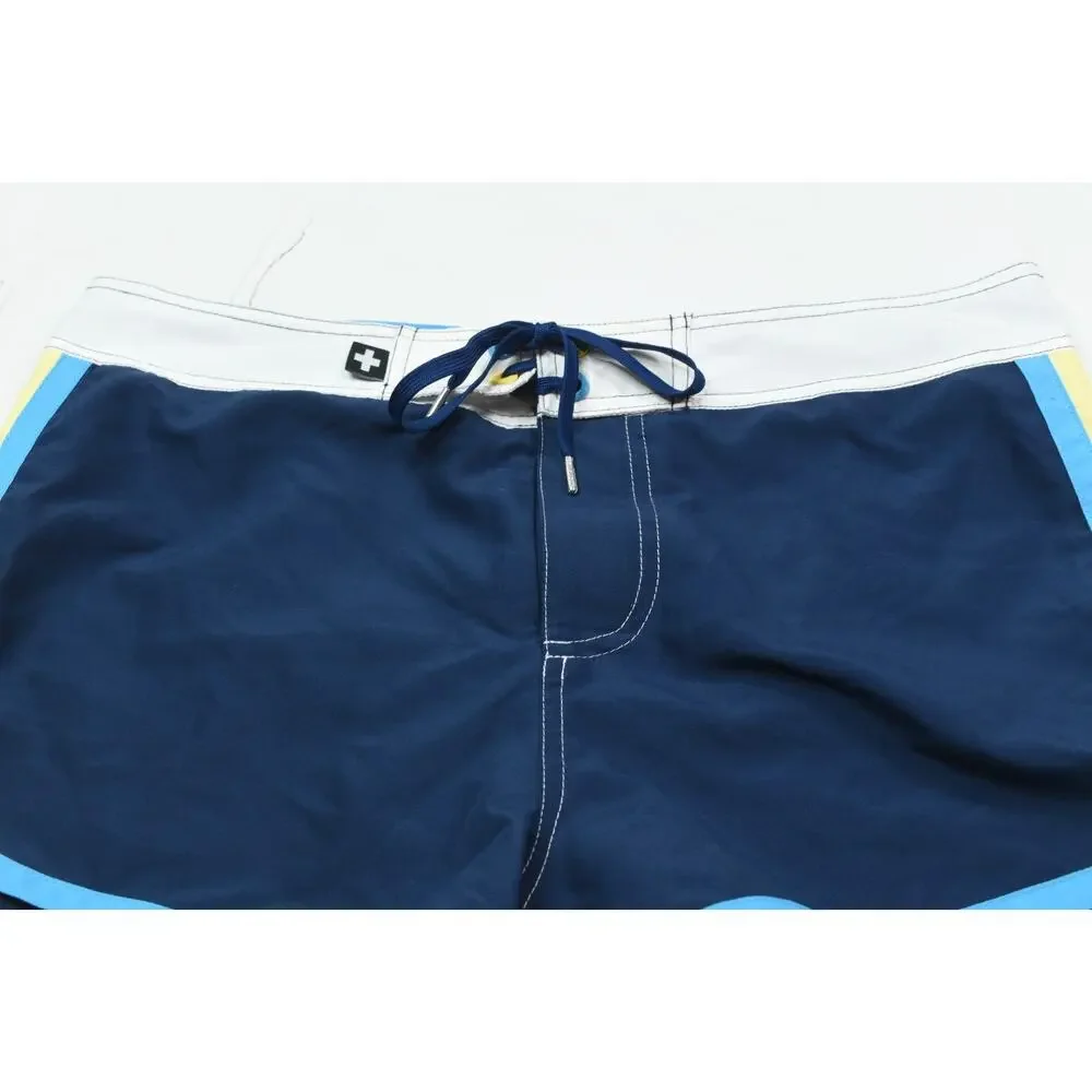 Andrew Christian Navy Blue Swim Trunks with Light Blue, White, and Yellow Trim